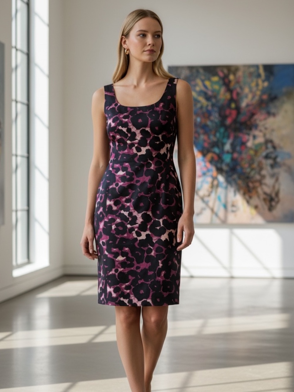 Ann Taylor Sleeveless Scoop Neck Floral Sheath Dress Size 2 Purple/Black/Beige
